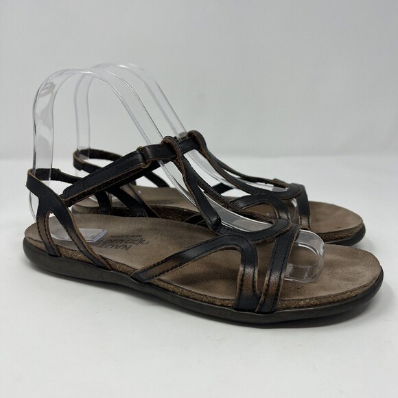 Naot Sandals Womens 38 Dorith Open Toe Strappy Flats Brown Leather Hook & Loop - Picture 1 of 5